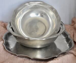 French Country 3pc Metalwear Pewtarex York Pennsylvania Pewter Bowls & Platter